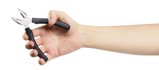 Hand holding black pliers, cut out