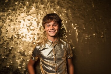 Close-up portrait photography of a joyful boy in his 20s putting hands on hips against a metallic...