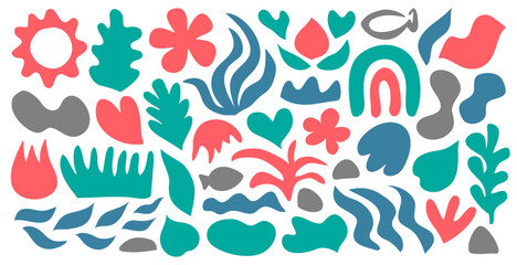Abstract organic shapes set summer sea motifs. Hand drawn natural shape blots, freehand lines. Summer nature design elements. Modern doodles for backgrounds, home decor, web and social media design.