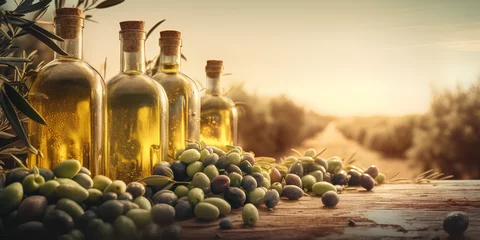 Foto op Canvas Golden olive oil bottles, leaves and fruits, rural background, wide banner with copy space area - Generative AI © Samira