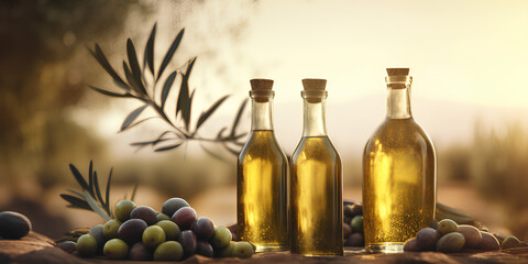 Golden olive oil bottles, leaves and fruits, rural background, wide banner with copy space area - Generative AI