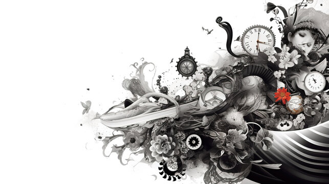 An Abstract Time Is Running Wallpaper Artwork, Black And White Design, Ai Generated Image