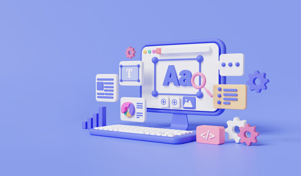 UI UX design for landing page template for the site on pc. User interface, web development, coding programming, software development, web design concept. banner. 3d minimal rendering Illustration
