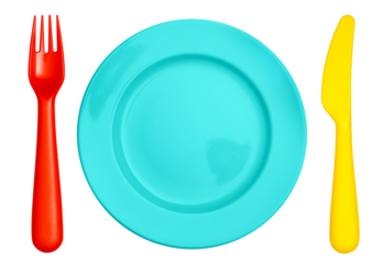 Colorful kids fork, plate and knife, cut out