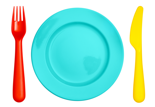 Colorful kids fork, plate and knife, cut out - Powered by Adobe