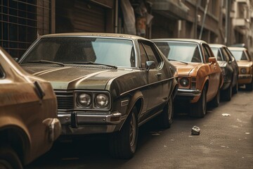 Fototapeta na wymiar Cars from the 1970s parked on a city street. Generative AI