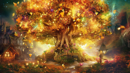 amazing shining golden magical giant tree, fairytale artwork, ai generated image