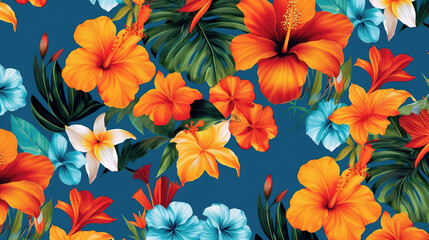 a vintage inspired hawaiian flower wallpaper artwork, ai generated image - obrazy, fototapety, plakaty