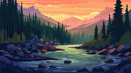 a cartoon inspired landscape artwork with a river at a forest, ai generated image