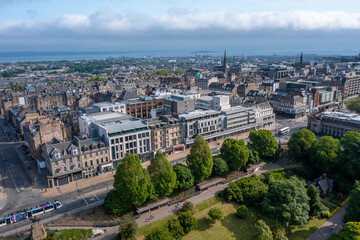 Fototapeta na wymiar Aerial View of New City in Edinburgh Scotland Seen from the Princess Street Gardens Looking Towards the Water