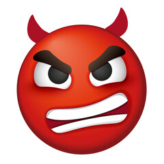 Red angry emoji with horns on white background. Vector inflamed emoji. Red evil face. Cute emoticon.