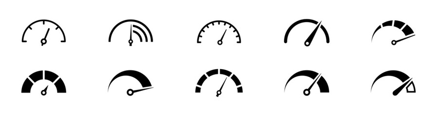 Speedometer, tachometer icon. Speedometer indicator icon collection. Speed indicator vector icons  - obrazy, fototapety, plakaty