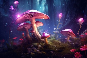 Fototapeta na wymiar Magic mushrooms in the forest at night, Fantasy magic landscape.Generative Ai