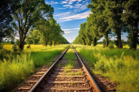Railroad tracks going through a meadow in the countryside on a beautiful summer afternoon. Train travel concept.