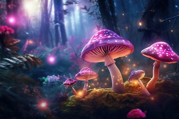 Naklejka premium Magic mushrooms in the forest at night, Fantasy magic landscape.Generative Ai