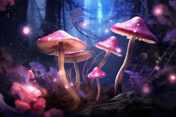 Magic mushrooms in the forest at night, Fantasy magic landscape.Generative Ai