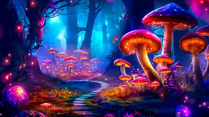 mystic magical night luminous forest with mushrooms, made with Generative AI