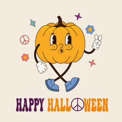 Groovy pumpkin character in trendy retro 70s style. Hippie groovy Halloween postcard template. Vector illustration