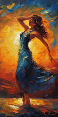 an attractive woman at the beach at sunset, oil painting style, ai generated image