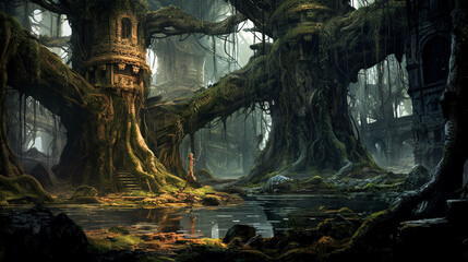 Immersed in Fantasy Swamp Ruins. Discovering the Giant Forests. Fantastical Swamp Ruins Wallpaper. Generative AI