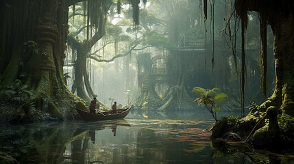 Exploring the Fantastical Swamp Ruins. Giant Tree Forest Secrets. Fantastical Swamp Ruins Wallpaper. Generative AI - obrazy, fototapety, plakaty