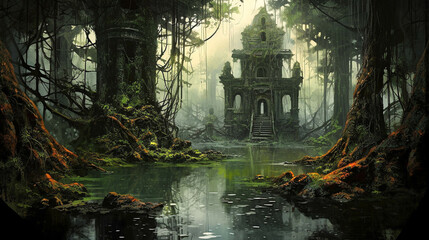 Exploring the Hidden Swamp Ruins. A Forgotten World. Fantastical Swamp Ruins Wallpaper. Generative AI