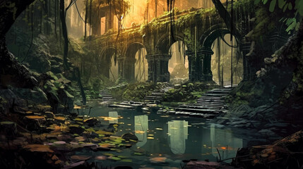Enchanted Swamp Ruins Within the Depths. Fantastical Swamp Ruins Wallpaper. Generative AI - obrazy, fototapety, plakaty