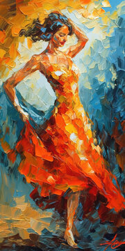a beautiful woman in an orange dress in oil painting style, ai generated image