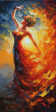 an abstract dancing woman in oil painting style, ai generated image