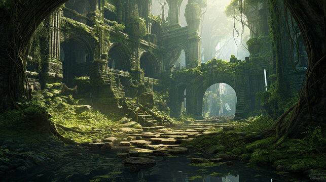 Lost in the Swamp Ruins. A Forest of Mystery. Fantastical Swamp Ruins Wallpaper. Generative AI