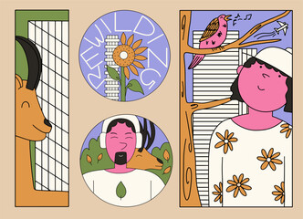 The concept of a green city with the inclusion of wildlife. Rewilding a set of elements. Vector illustration in flat style