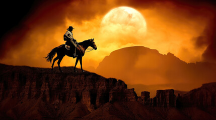 Fototapeta na wymiar a lonely cowboy with his horse on top of a hill at sunset, wild west artwork, ai generated image