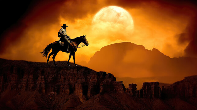 a lonely cowboy with his horse on top of a hill at sunset, wild west artwork, ai generated image