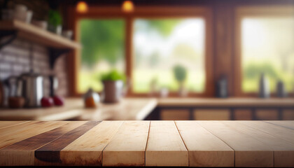 Empty wooden table with countryside kitchen in background