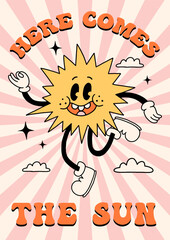 Groovy bright retro summer poster template. Happy sun jumping. Vintage vibe lettering, colorful characters and elements on retro background. Vector poster, card design in cool cartoon doodle style