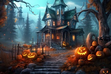 Spooky haunted house on halloween night, dark halloween house with pumpkins. Generated by AI