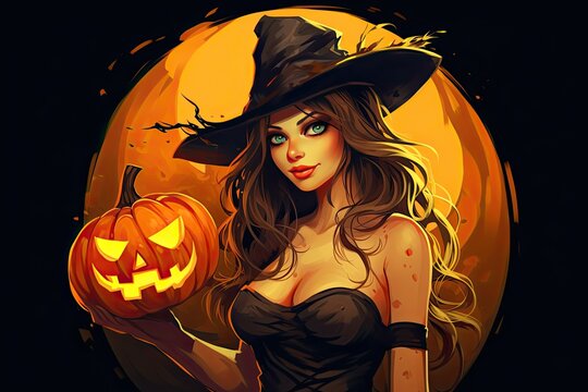 Beautiful halloween witch holding pumpkin, Generated by AI