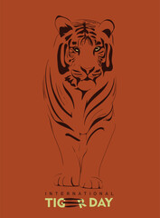 Walking tiger in hand drawn design with orange background for international tiger day campaign