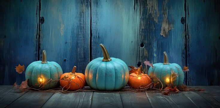 Blue wood background with pumpkins copy space for text information. Generative by AI