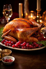 Beautiful close-up of delicious Thanksgiving turkey nicely decorated on a table, made with generative AI