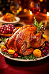 Beautiful close-up of delicious Thanksgiving turkey and side dishes nicely decorated on a table, made with generative AI