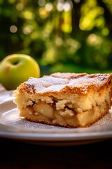Beautiful close-up of delicious apple pie on a table in a garden, made with generative AI