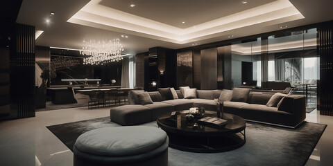 Luxury modern home, living room, architecture and real estate inspiration concept
