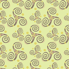 Fototapeta na wymiar Tribal triple spiral celtic triskele sacred sign seamless pattern. Trinity helix