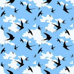 Swallow birds fly against a blue sky with white clouds. Seamless pattern, print, vector illustration