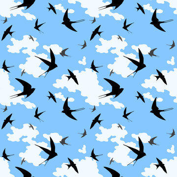 Swallow birds fly against a blue sky with white clouds. Seamless pattern, print, vector illustration