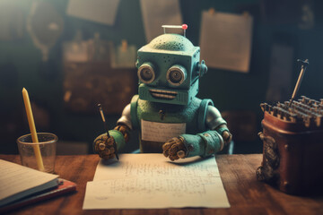 Writing assistant AI chatbot at work writing a novel, Artificial Intelligence tech and creativity concept.  - 612882440