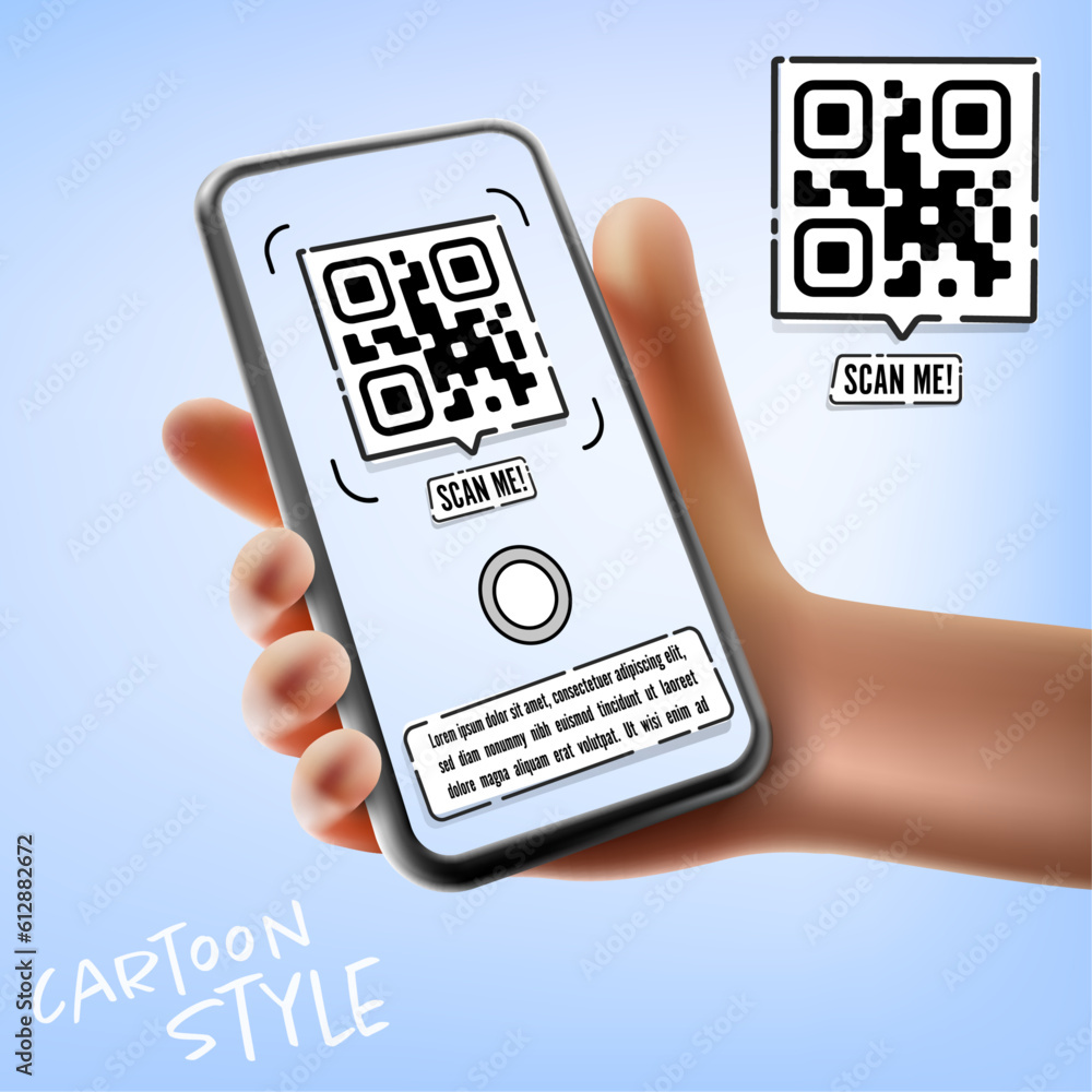 Poster vector cartoon hand holding the black smartphone with a qr code scan me on screen and modern framele