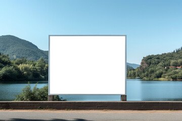 Transparent, empty,  blank billboard mockup near a tranquil lakeside for outdoor advertisement and promotion for commercial marketing. Generative AI