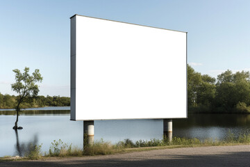 Transparent, empty,  blank billboard mockup near a tranquil lakeside for outdoor advertisement and promotion for commercial marketing. Generative AI